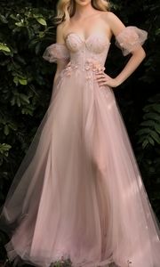 Blush pink Luxe layered tulle gown with floral appliques